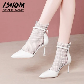 

ISNOM Sexy Mesh Ankle Boots Ladies Patent Leather Pointed Toe Booties Thin High Heels Shoes Woman Stilettos Women Shoes Buckle