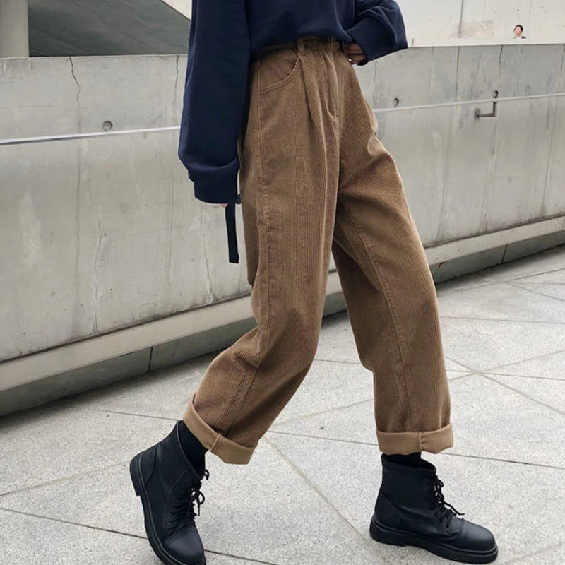 capri pants for women Solid Flat Harajuku Trousers Thicker Fall Newest Pants Women Elastic Waist BF Pockets Chic Corduroy Teenagers Straight All-match khaki pants