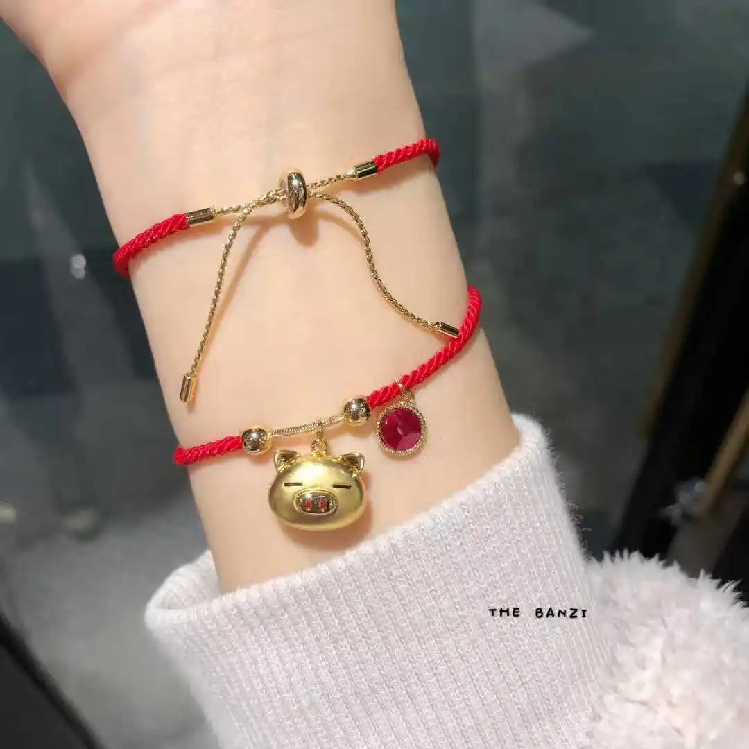 

South Korea Dongdaemun Year of Fate Pig Lucky Mini Gold Pig Lucky Red String Bracelets Women's Adjustable Bracelet Hand Jewelry