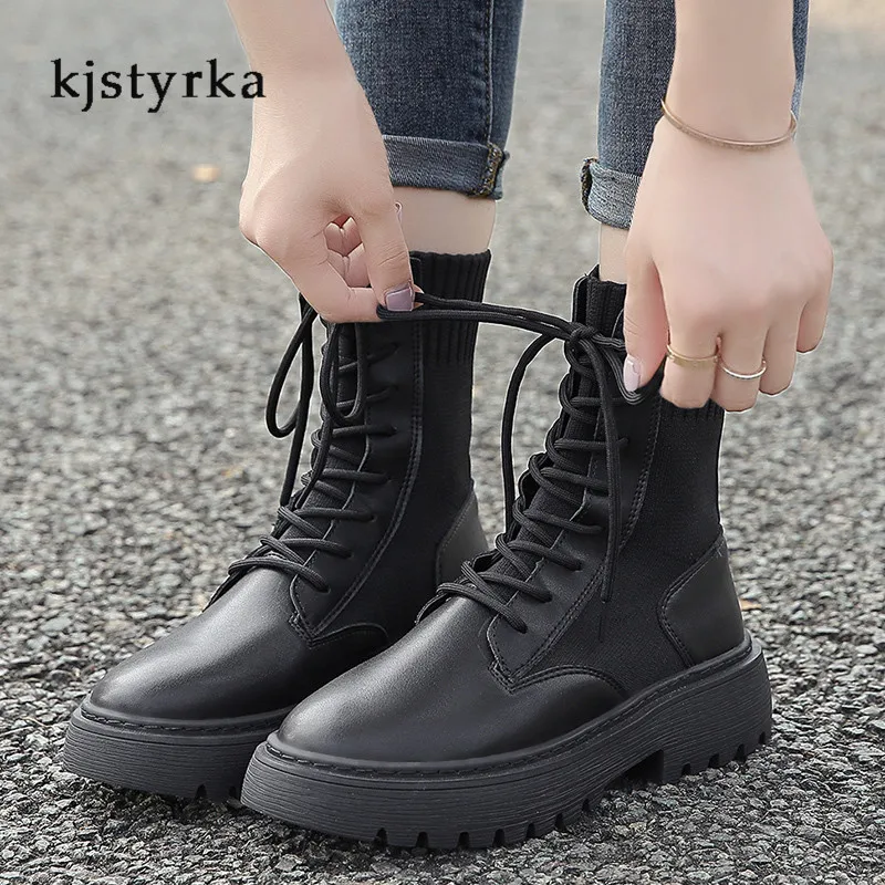 Kjstyrka/брендовые Ботинки Martin; botas femininas de inverno; Высококачественная искусственная кожа; вязаные зимние сапоги на квадратном каблуке