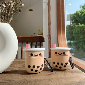 

Cute Milk tea Silicone Earphone Case For Airpods 2 Case Cute French fries hamburger Cookies Cartoon Headphones Cover