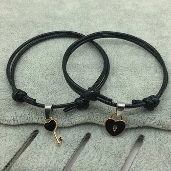 

2pcs/pair Couple Bracelet Alloy Key Love Heart Lock Charm Bracelet Handmade Jewelry Rope Bracelet Gifts for Lovers Couple