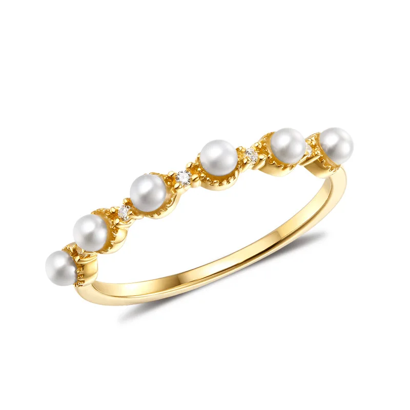 

2019 Hotsale Pearl Crystal 14K Real Solid Genuine Gold Stackable Rings Bands for Women Female Fancy Upscale Office Jewelry Gift