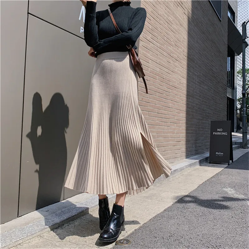 

New 2020 Spring Autumn Winter Women Warm Knitted Skirts Split Ladies Package Hip High Waist Pregnancy Dress Casual Fashion Midi