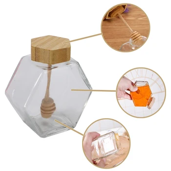 

220ML/380ML Hexagonal Glass Honey Bottle with Wooden Stirring Rod Honey Packaging Bottle Small Honey Bottle Container Jar Honey