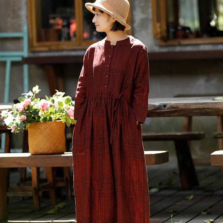 

Women Spring Autumn Plaid Linen Dress Ladies Vintage Plaid Flax Dresses Female 2020 Retro Dress