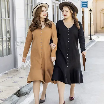 

Autumn Dresses Large Size Warm Knitted Dress Winter Loose V-neck Long Pullover Womens Striped Mermaid Dresses Big Size 2xl 3xl