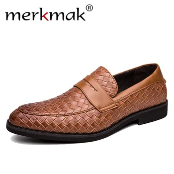 

Merkmak Classic Woven Pattern Leather Shoes Men Loafers Slip On Fashion Autumn Casual Men's Dress Shoes Large Size 48 47 Flat