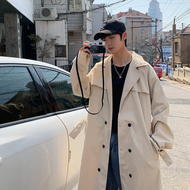 Men Trench Solid Double Breasted Simple Design Korean Style All-match Outwear Males Leisure Chic Loose Trendy Street Handsome