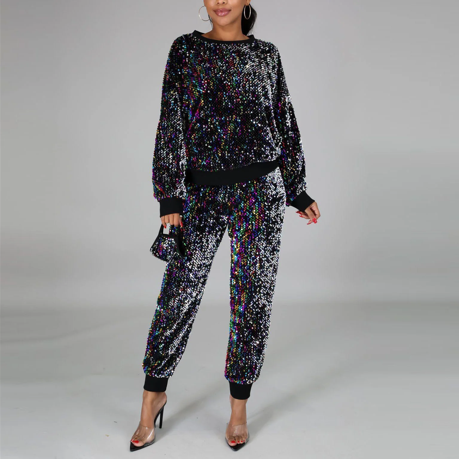 

2020 Autumn Women Fashion Clothing Sets Long Sleeve Blouse Tops and Pants Sequined Shinny Causal Elegant Two Pieces Matching Set