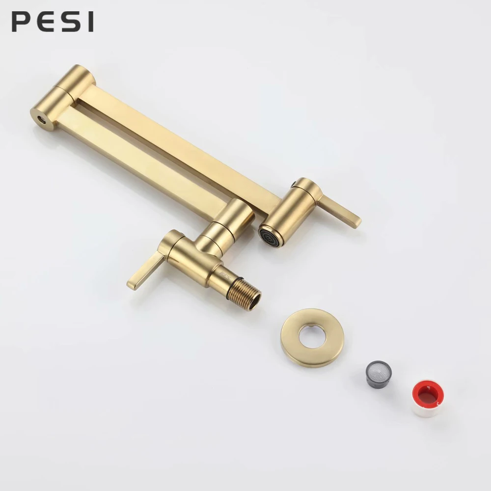 torneira escovada dourada com alavanca única girar para parede dobrada pia banheiro cozinha torneira de rotação torneira única torneira