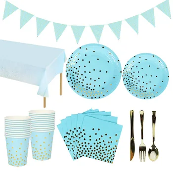 

Bronzing Gold Dot Blue Disposable Tableware Paper Plate Sky Ocean Theme Party Baby Shower Baby Boy Favor Party Supplies