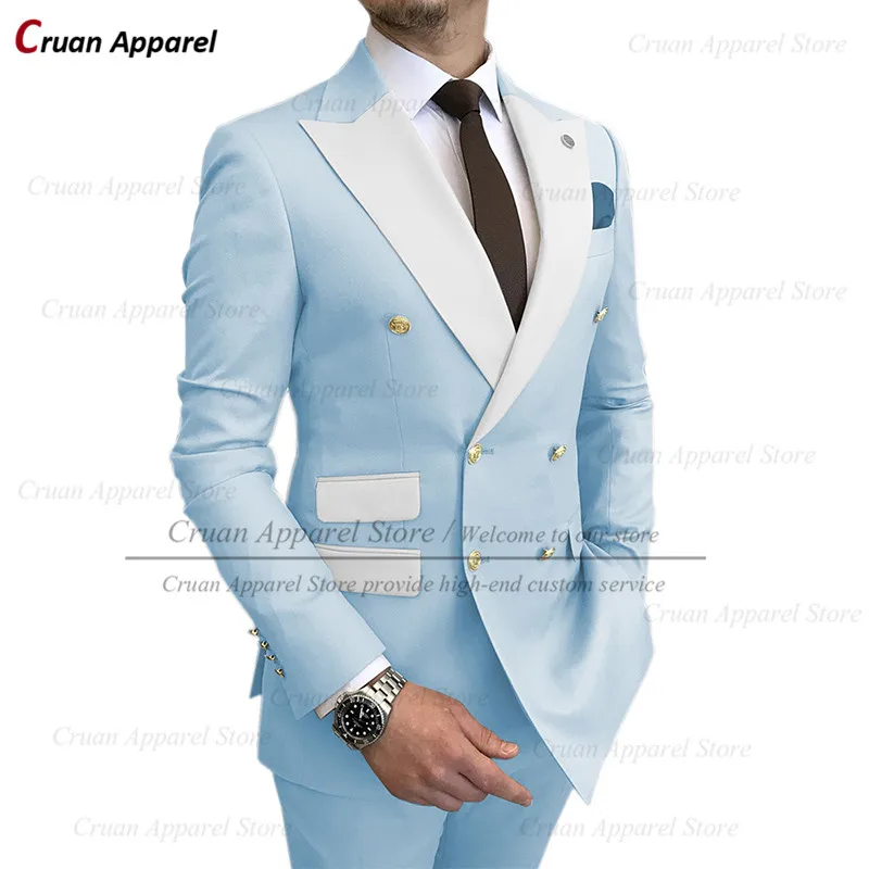 

Sky Blue Wedding Suits for Men Tailor-made Groomsmen Groom Evening Party Tuxedo 2 Pieces Formal Gold Buttons Blazer Pants Set