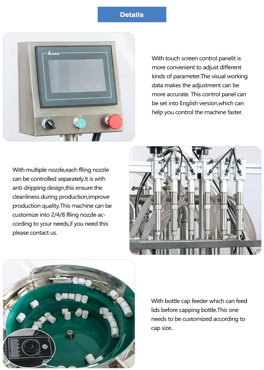 ZONESUN ZS-FAL180R Custom Full Automatic 6 Heads Juice Essential Oil Bottle Piston Filling Capping And Labeling Machine Production Line