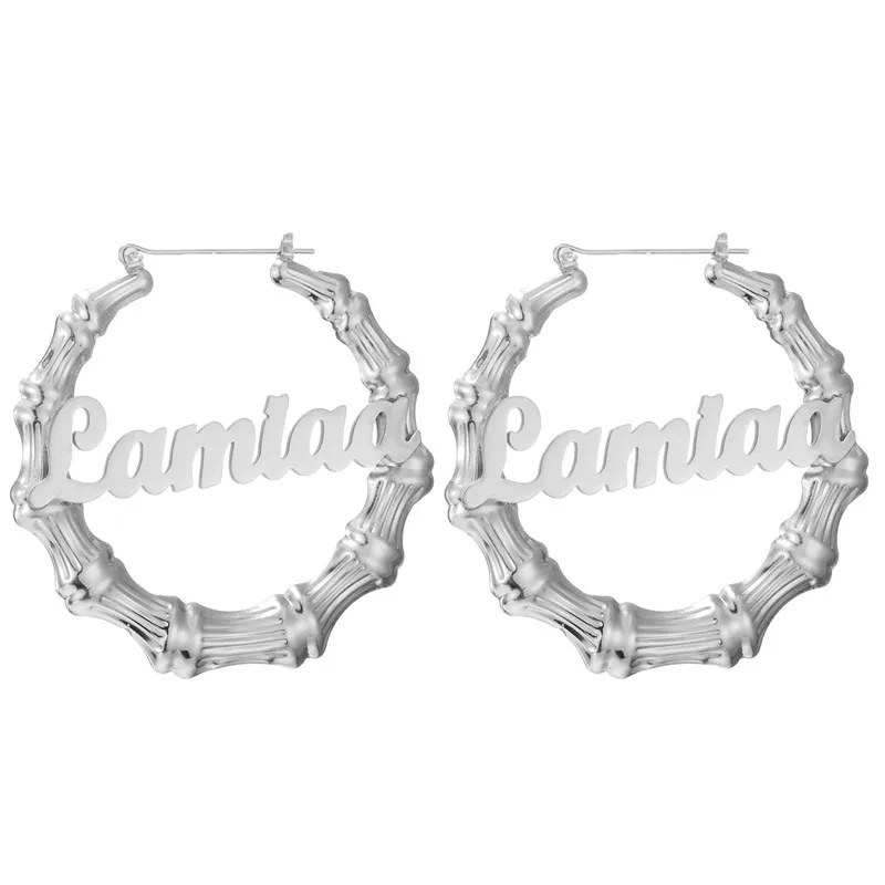 Custom Bamboo Hoop Earrings Customize Name Earrings Bamboo Style Personality Earring With Statement Words Hiphop 45-90mm Eardrop