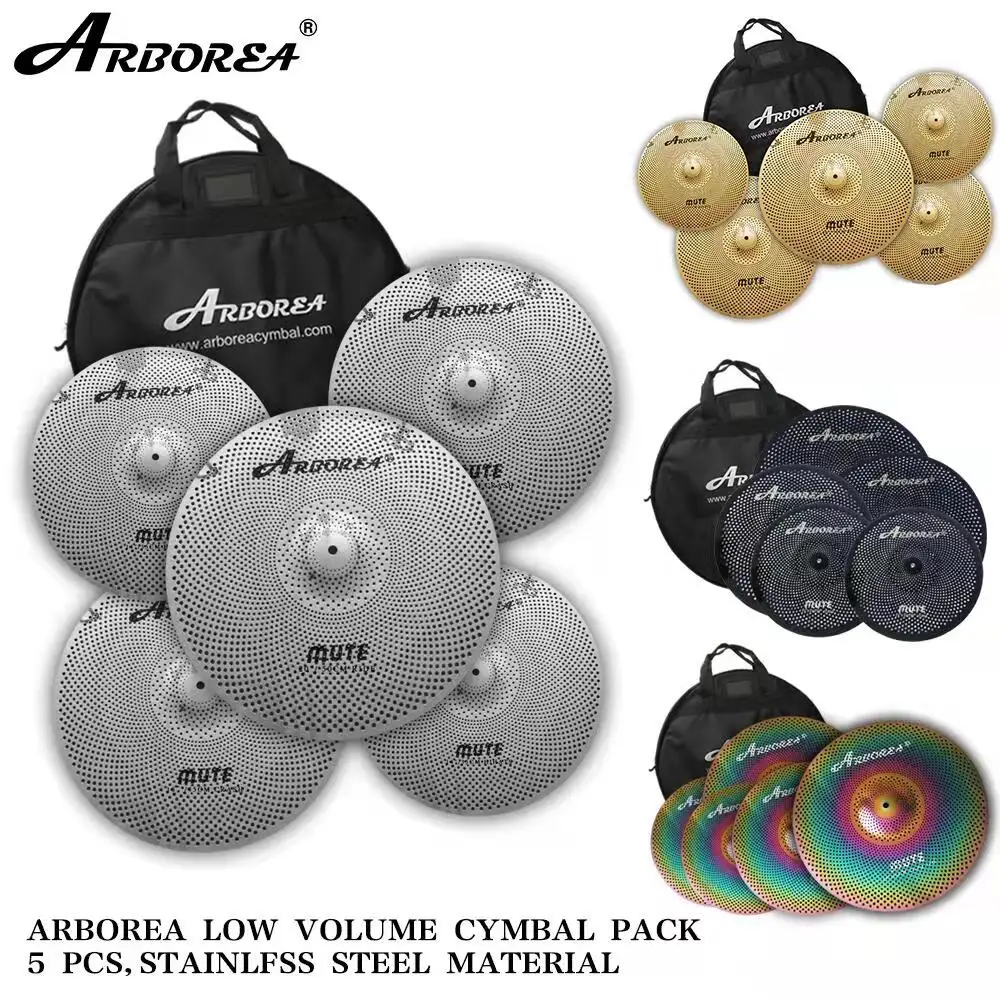 Quiet Cymbal Set 14''/16''/18''/20'' 5 Pcs, Silver Low Volume Cymbal Pack | FREE Cymbal Bag included 