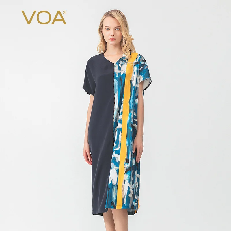 

VOA Navy 40mm silk heavyweight Satin panel peach heart collar Raglan arch needle loose leaf dress a10657
