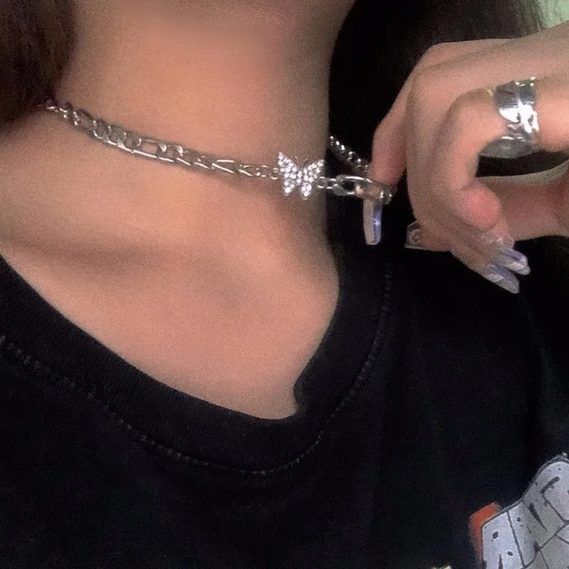 Shiny Zircon Butterfly Pendant Choker Light Luxury Aesthetic Niche Clavicle Silver plated Necklace Jewelry Women