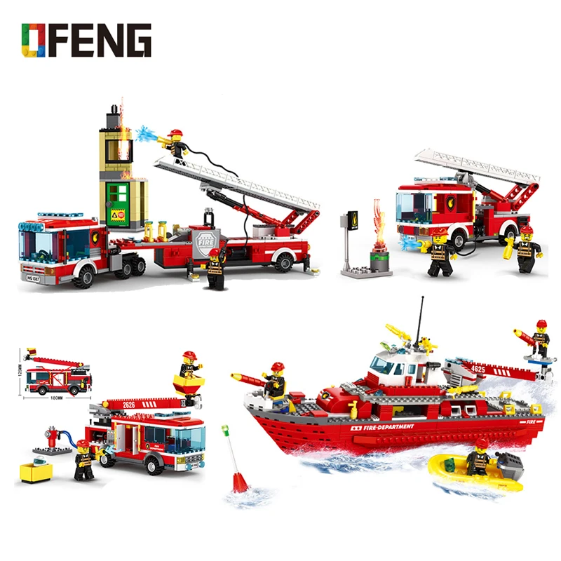 

2019 new City Fire Brigade building blocks Fire fighting series ship boat vehicle Ladder Car Bricks children toys Christmas gift