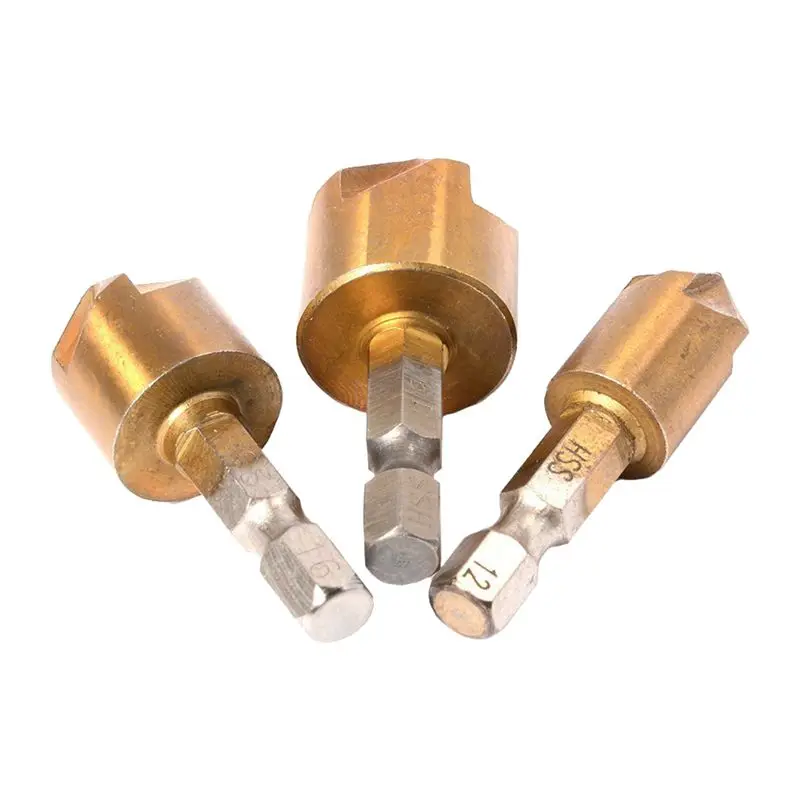 

3pc Set Drill Bit Countersink Titanium Coated Hex Cutter HSS Hexagon Shaft 1/4 inch 12/16 / 19mm
