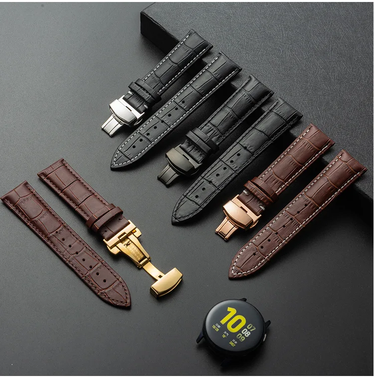 Luxurious Genuine Leather Watch Strap with Butterfly Clasp - Black & Brown