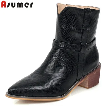 

ASUMER 2020 hot sale ankle boots women snake pointed toe autumn winter square heels fashion shoes ladies western Chelsea boots