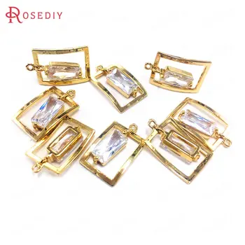 

(38581)6PCS 12x19MM 24K Champagne Gold Color Brass and Zircon Rectangle Charms Pendants High Quality Jewelry Making Accessories