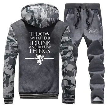 

Winter Fleece Sweatpants Male Tracksuit Game Of Thrones Mens 2 Piece Sets Men Hooded Outwear Camouflage Zip Clothing Suit Pants