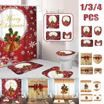 

3Type Merry Christmas Bathroom Set Rosette Bells Pattern Waterproof Shower Curtain Toilet Cover Non Slip Rug Party Home Decor