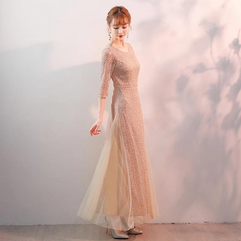 Real shot new ladies sequins round neck party dress fashion ladies temperament banquet high-end atmosphere elegant dress - Color: apricot