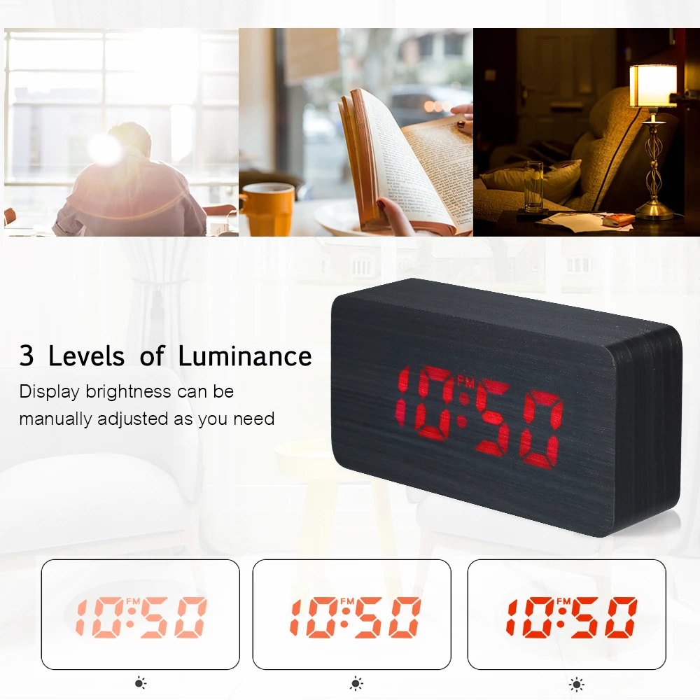

Hot Two USB Ports/Battery Digital Wood Clock 115-Color LED Alarm Clock Time/Temperature/Date Display Voice Control Snooze Founta
