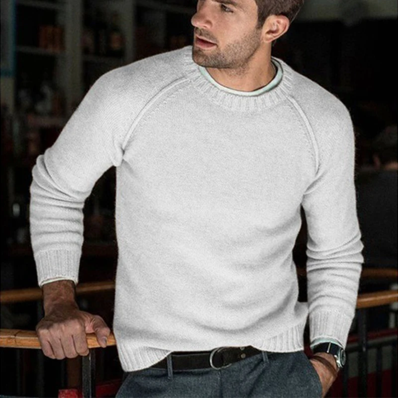 Мужской вязаный свитер в стиле кэжуал пуловеры Slim Fit однотонная мужская базовая одежда свитшоты осенне-зимние топы с круглым вырезом - Цвет: White gray