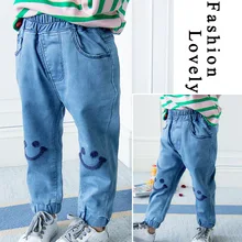 Осенняя одежда, детская одежда для мужчин и женщин, детские брюки с вышитыми смайликами на лодыжке, джинсы для девочек из чистого хлопка