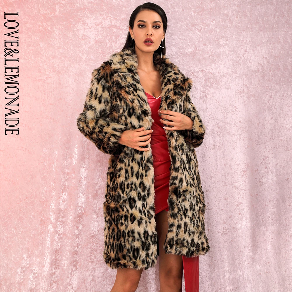 LOVE& LEMONADE сексуальное леопардовое длинное пальто из искусственного меха с отворотом LM90125