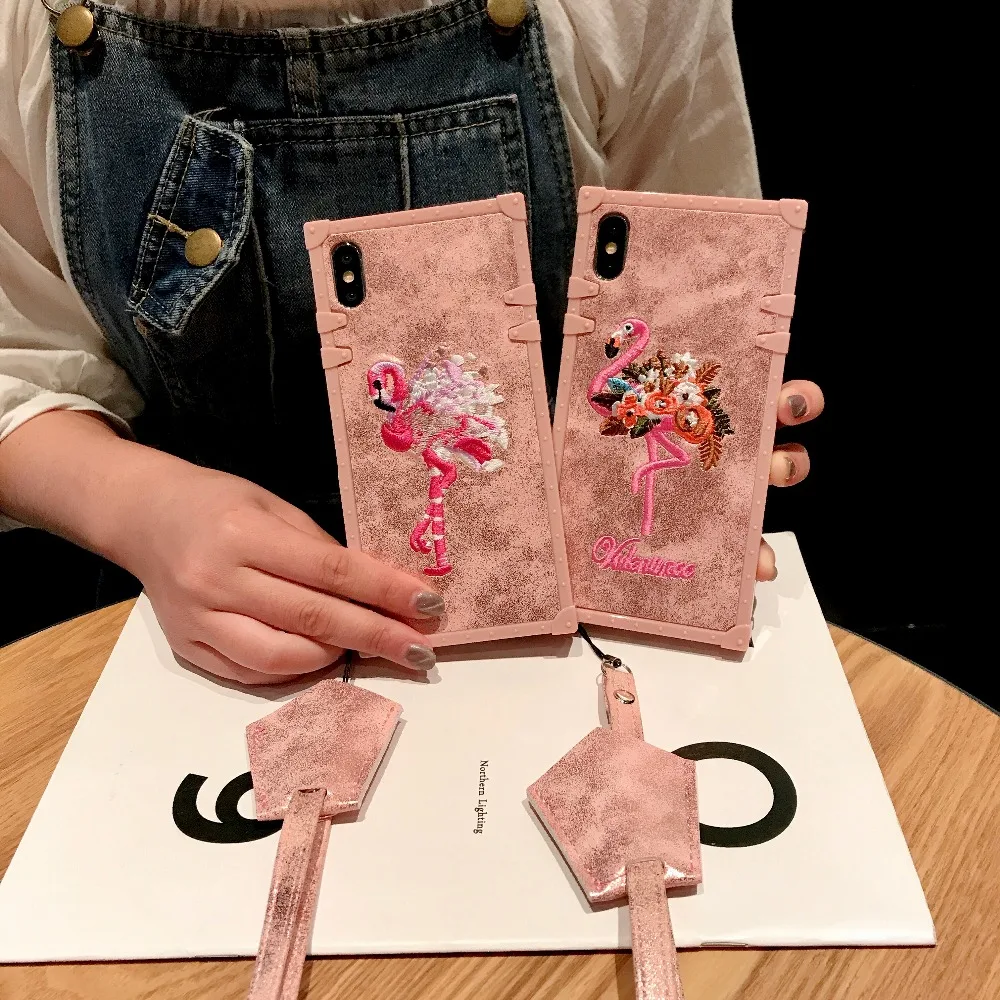 Cases For iPhone X Xs Max Xr Cover Girly 3D Pink Embroidery Flamingo Square  (8)