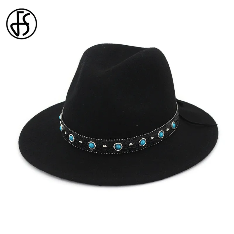 FS осень зима унисекс шерстяной джазовый шляпа Панама фетровая шляпа с кожаными заклепками Украшенные Trilby фетровая шляпа для мужчин и женщин