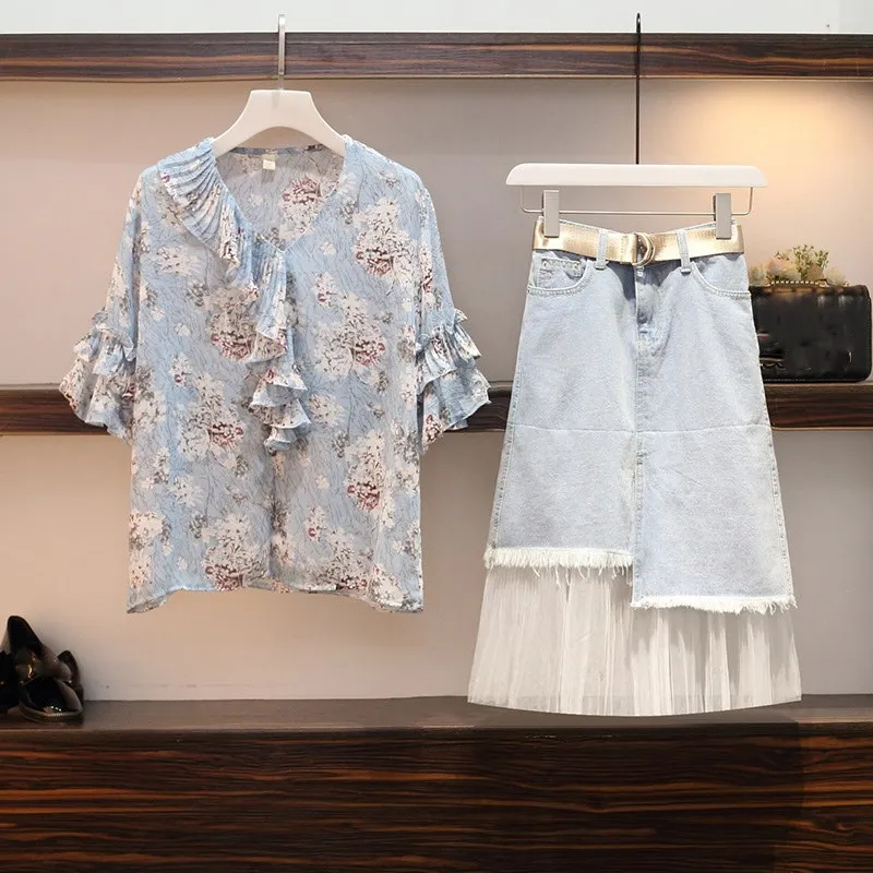 

2019 Summer Women Jean Mesh Female Plus Size Set Sweet Floral Print Ruffles Shirts And Denim Midi Skirt 2 Piece Suit