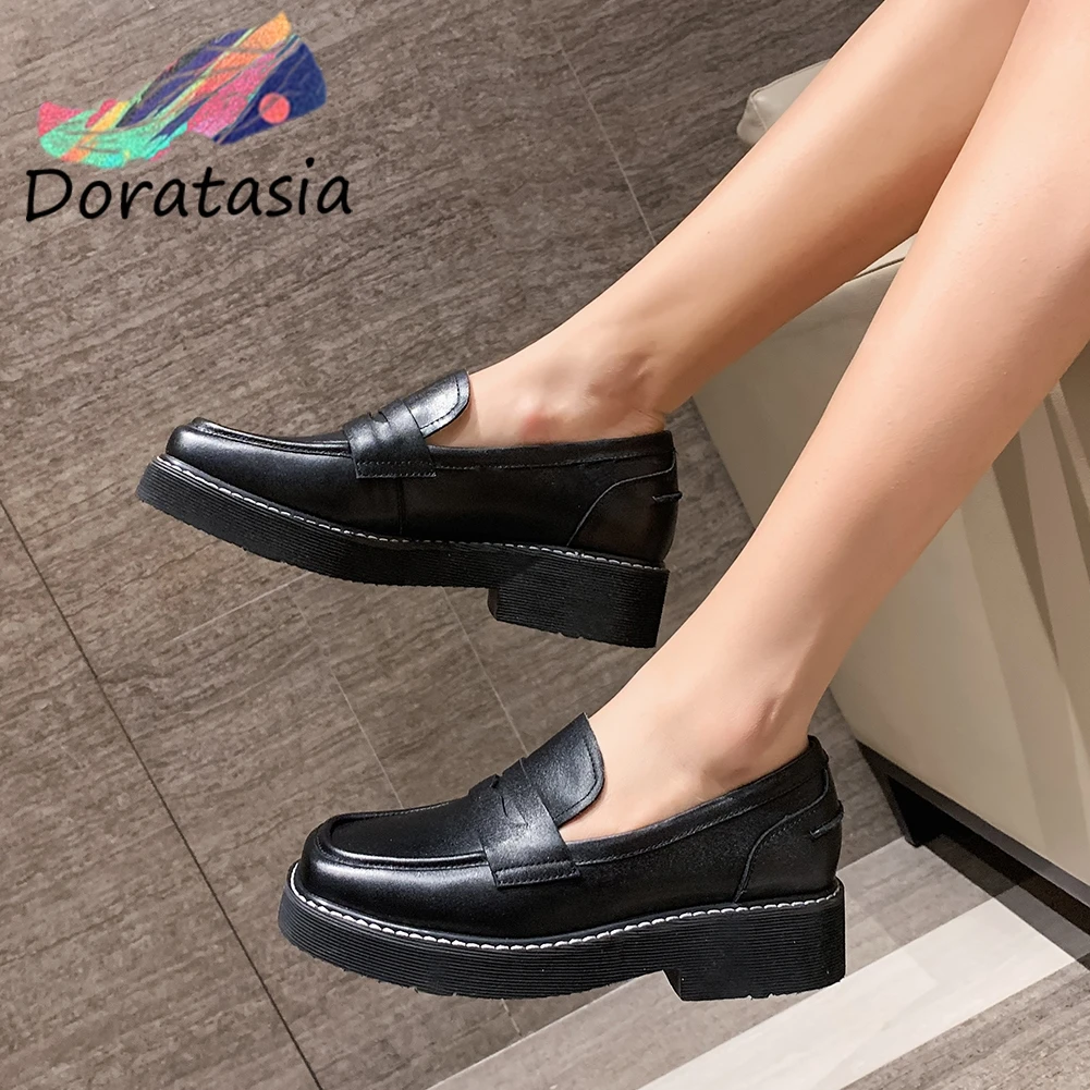 

RIBETRINI Brand Girl Platform Chunky Heel Square Toe Flats Sewing Flats Women Spring Slip On Genuine Leather Shoes Woman