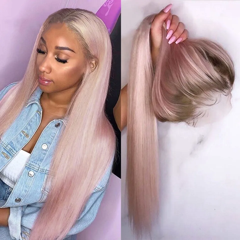 Ombre Pink Straight Human Hair Wig With Brown Roots Wig With Baby Hair Brazilian Remy Lace Wigs 180 Density