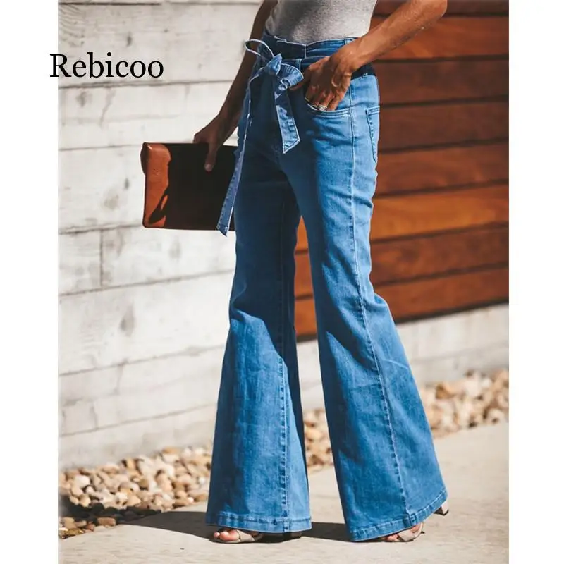 Blue Tie Waist Flare Jeans Women Slim 