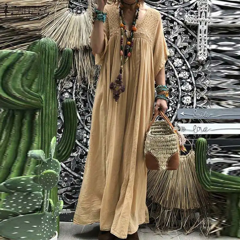 Богемное женское кружевное вязаное Макси длинное платье ZANZEA, летнее платье с v-образным вырезом и расклешенными рукавами, Однотонный сарафан, кафтан, вечерние пляжные платья