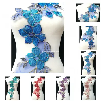 

3pcs/lot x 5Color(Blue Turquoise Purple Pink Red)Floral Lace Embroidery Flower Appliques Collar Neckline Sewing DIY Craft PBNC49