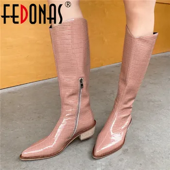 

FEDONAS Sweet Wedding Shoes Woman Heels Side Zipper 2020 Fall Knee High Boots Genuine Leather Pointed Toe Tight High Boots