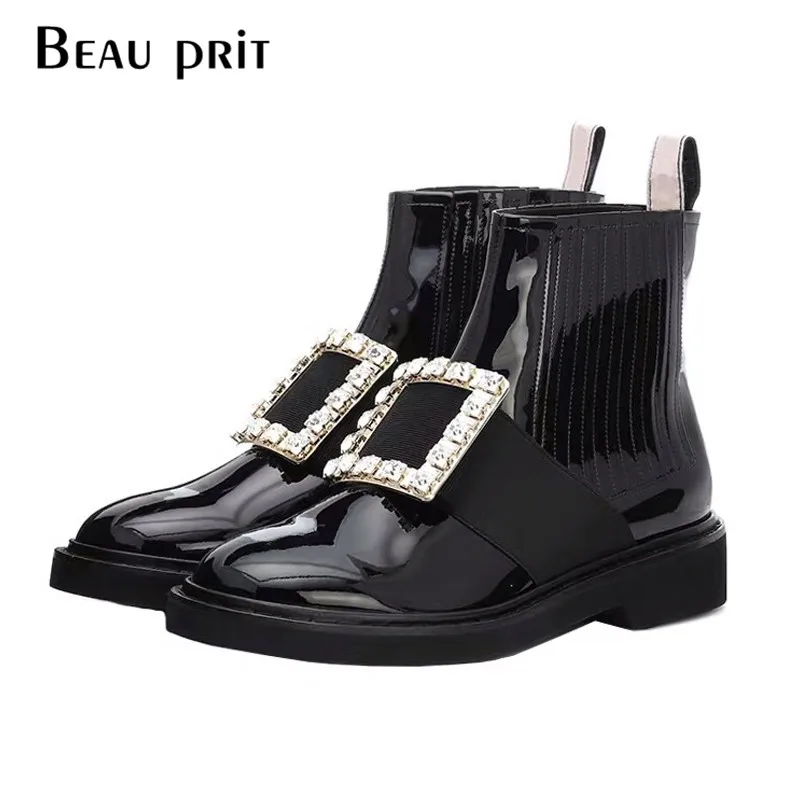 

Crystal Buckle Ankle Boots For Women Patent Leather Women's Winter Boots With Short Plush Inside Warm Flats zapatos de mujer