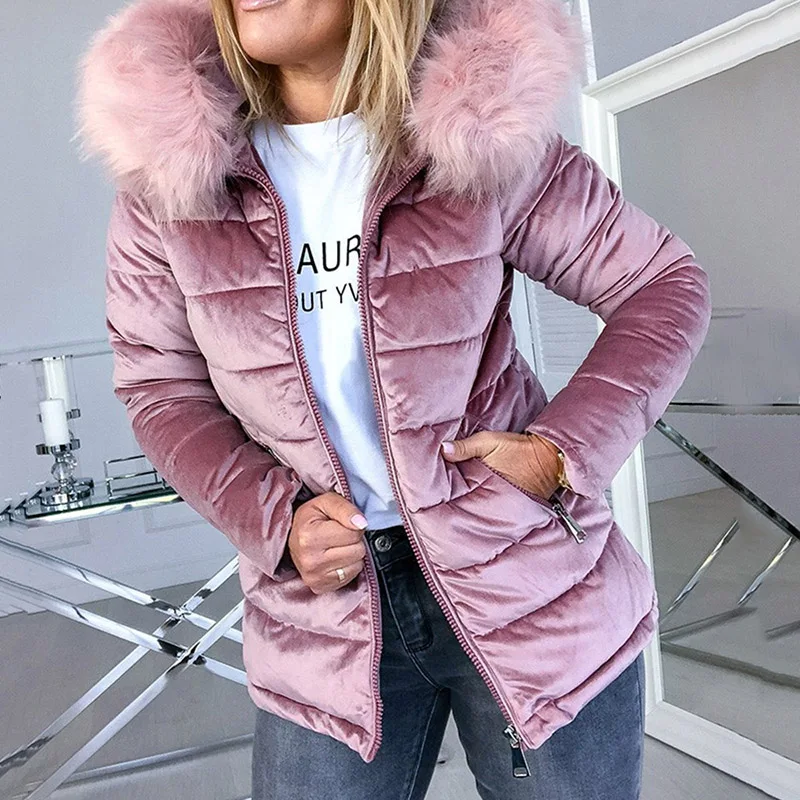 Розовая Вельветовая куртка размера плюс, зимнее женское пальто, базовая хлопковая стеганая куртка, серый, 4XL, капюшон из искусственного меха, толстая модная зимняя верхняя одежда