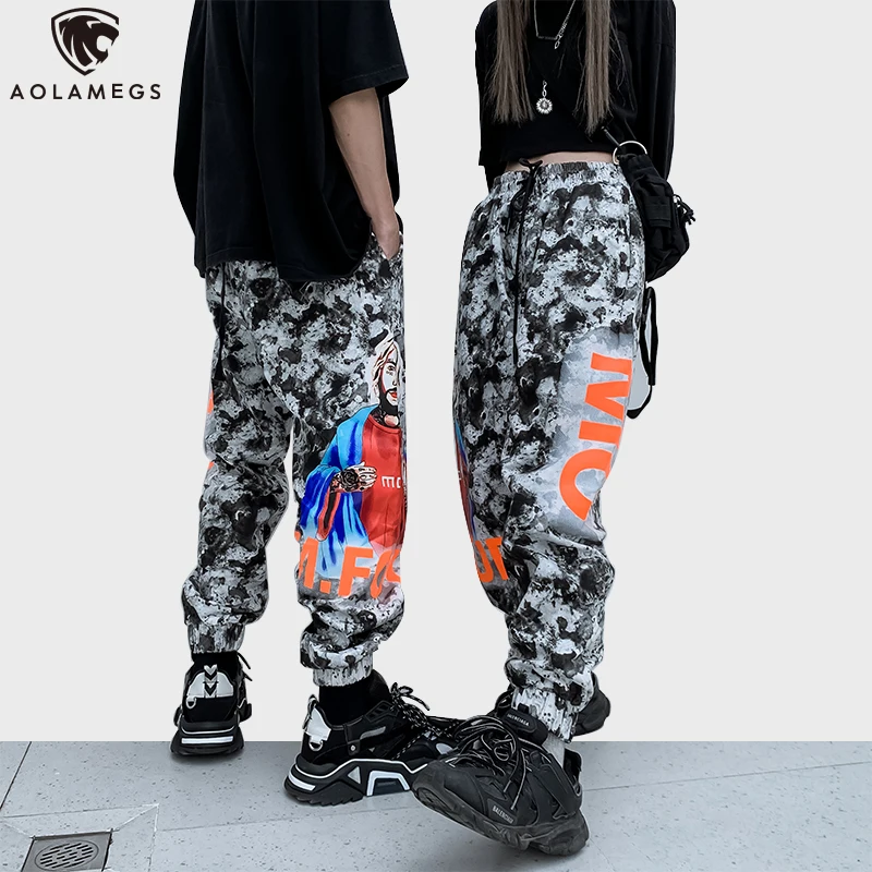 

Aolamegs Men Harem Pants Cozy Drawstring Distressed Printed Streetwear Punk Cool Sweatpants Lovers Hip Hop High Street Trousers