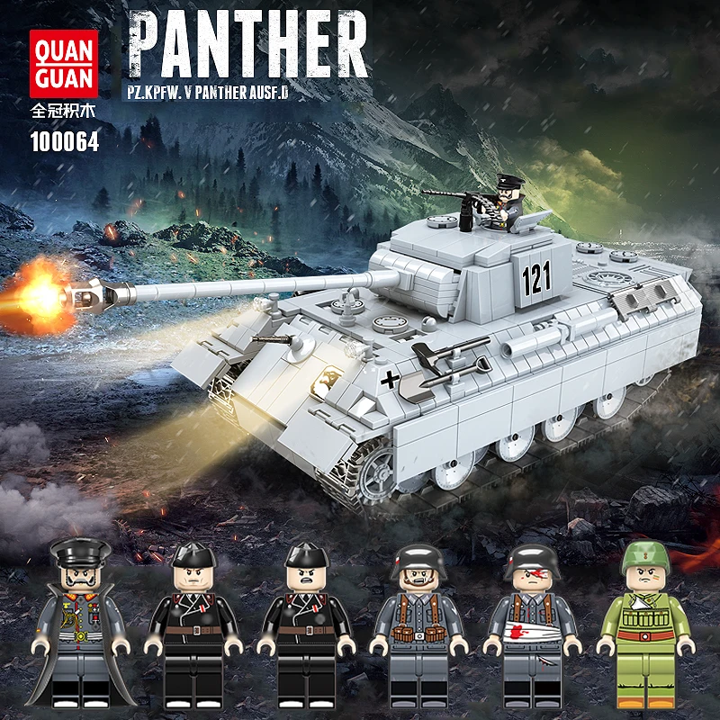 Günstig 990PCS WW2 Military Panther Tank 121 Bausteine Legoing Military WW2 Tank Soldat Waffe Armee Ziegel Kinder Spielzeug Für kinder