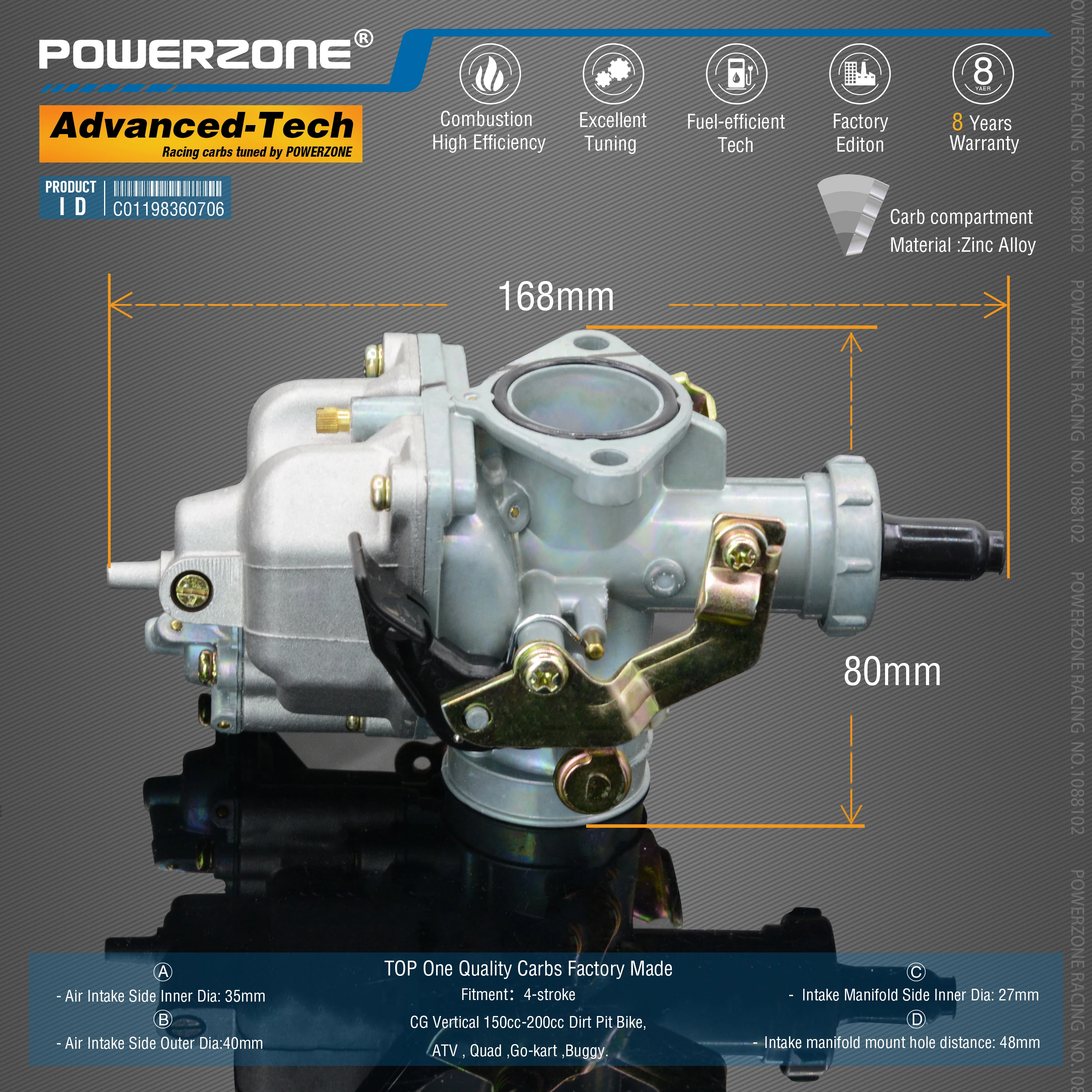 Powerzone карбюратор PZ27B 27 мм CVK Ускорительный Насос Carb для CG вертикальный 150cc-200cc велосипед грязи, ATV, Quad, Go-kart, багги