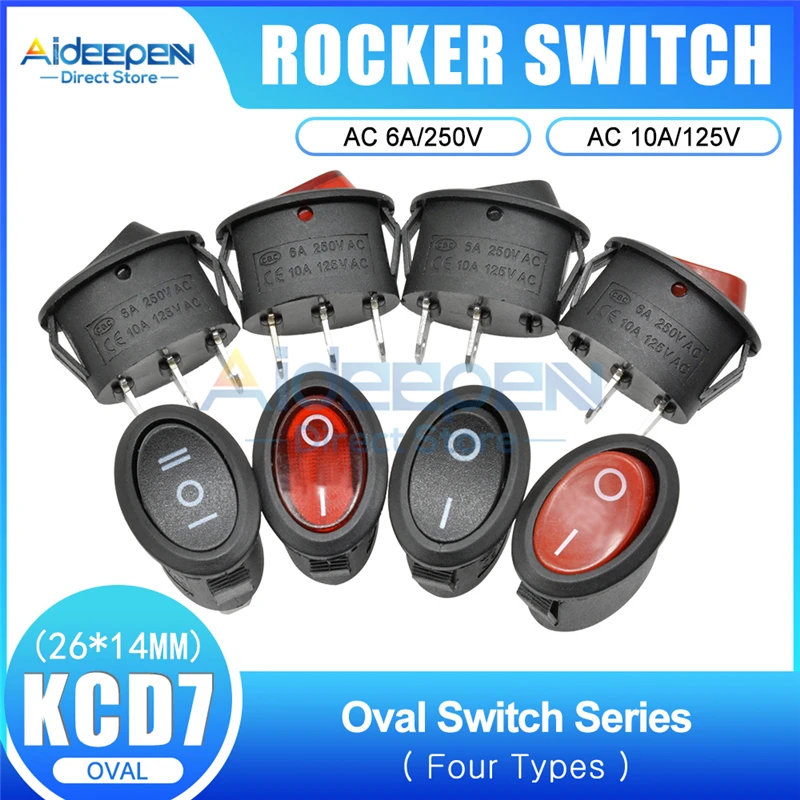 

5Pcs/lot KCD7 Oval Push Button Rocker Switch 6A/250V 10A/125V 26x14mm Rocker Switch ON-OFF-ON 3 Position 2/3 Pin With LED Light