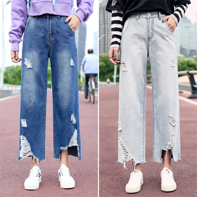 Colorfaith Новинка женские джинсы Рваные рваные синие широкие брюки для мальчиков винтажные брюки до щиколотки с высокой талией джинсы J566